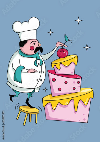 illustration of a birthday cake and confectioner in cartoon style 