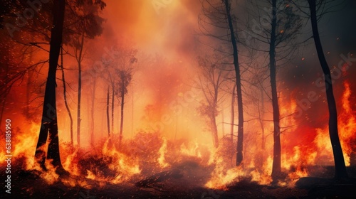 wildfire raging in a forest, a direct result of prolonged dry seasons and climate change generative ai © Kelly