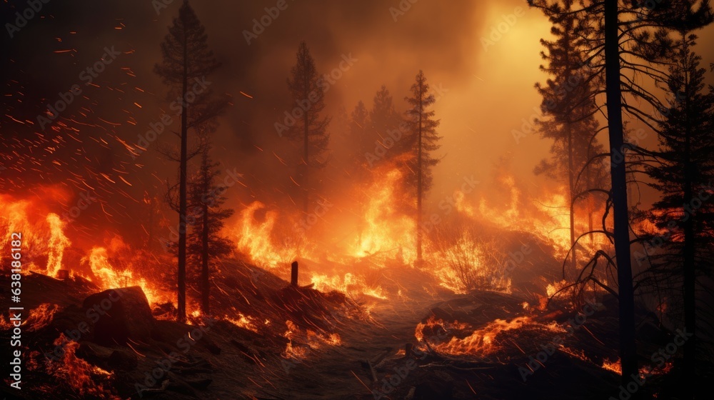 wildfire raging in a forest, a direct result of prolonged dry seasons and climate change generative ai wildfire raging in a forest, a direct result of prolonged dry seasons and climate change generative ai