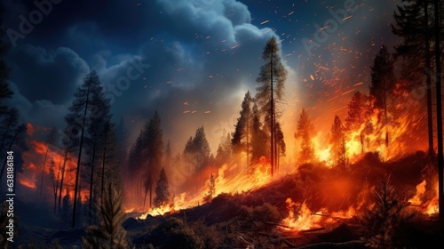wildfire raging in a forest, a direct result of prolonged dry seasons and climate change generative ai