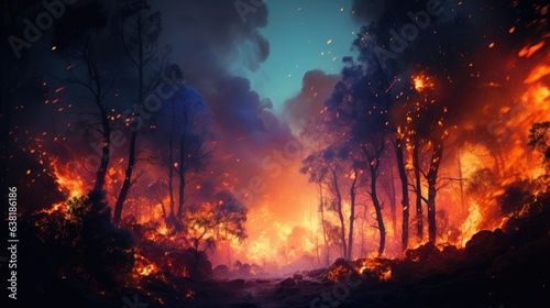 wildfire raging in a forest, a direct result of prolonged dry seasons and climate change generative ai