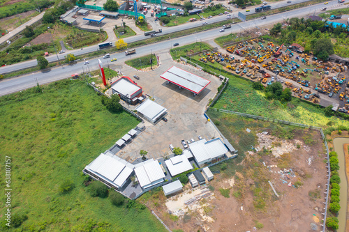 Aerial top view of gas station, Petrol station or filling station. Fuel gasoline energy service station for vehicle or transportation.