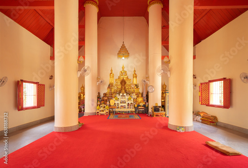 Wat Phrathat Phanom, Nakhon Phanom, Isan Temple. The pagoda is a buddhist temple in urban city town, Thailand. Thai architecture landscape background. Tourist attraction landmark.