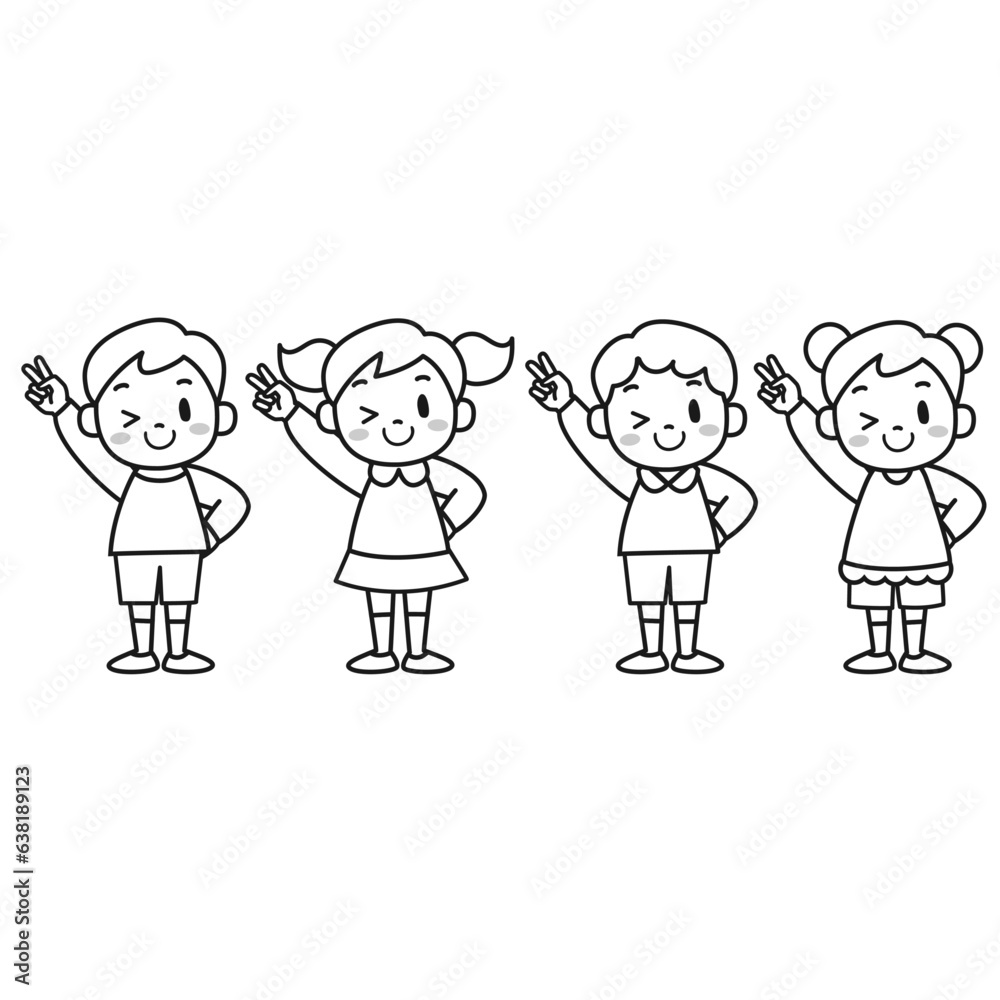 ピースサインをする笑顔の子どもたち