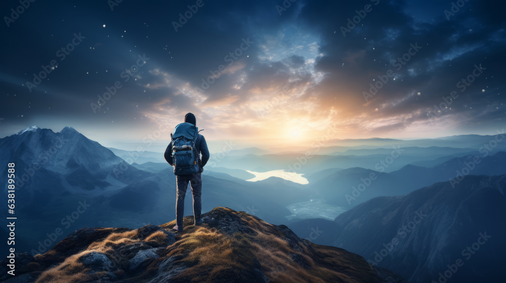 A hiker standing alone on top of a mountain at dusk, enjoying his adventure, his climbing success and freedom, looking towards the horizon as the sun sets