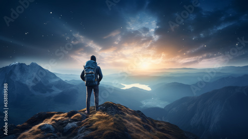 A hiker standing alone on top of a mountain at dusk, enjoying his adventure, his climbing success and freedom, looking towards the horizon as the sun sets