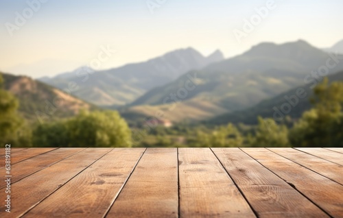 Wooden display mockup with mountains in the background