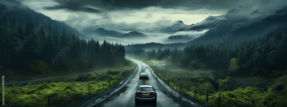 As the journey unfolds, the road meanders through a lush forest, flanked by towering mountains. Every turn reveals nature's splendor, an endless tableau of verdant green and rugged peaks, a testament  - obrazy, fototapety, plakaty 