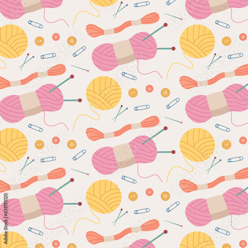 Pattern With Knitting Objects. Vector Illustration In Flat Style