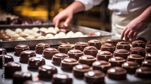 skilled chocolatier making chocolates in a sweet-smelling kitchen generative ai