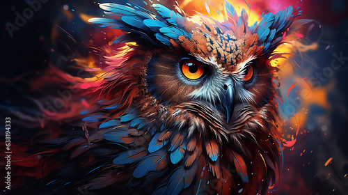 Fantasy illustration of a beautiful owl on a dark background with fire © NHDesign