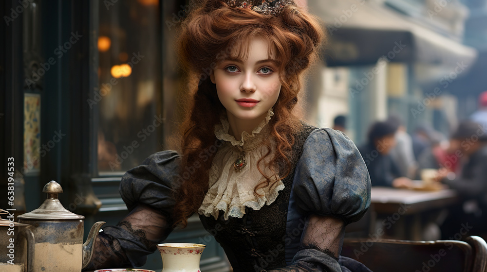 Young woman sitting gracefully at a cafe table. Picturesque charm of a 19th century street with an elegant woman sitting at a table in a vintage setting. - obrazy, fototapety, plakaty 