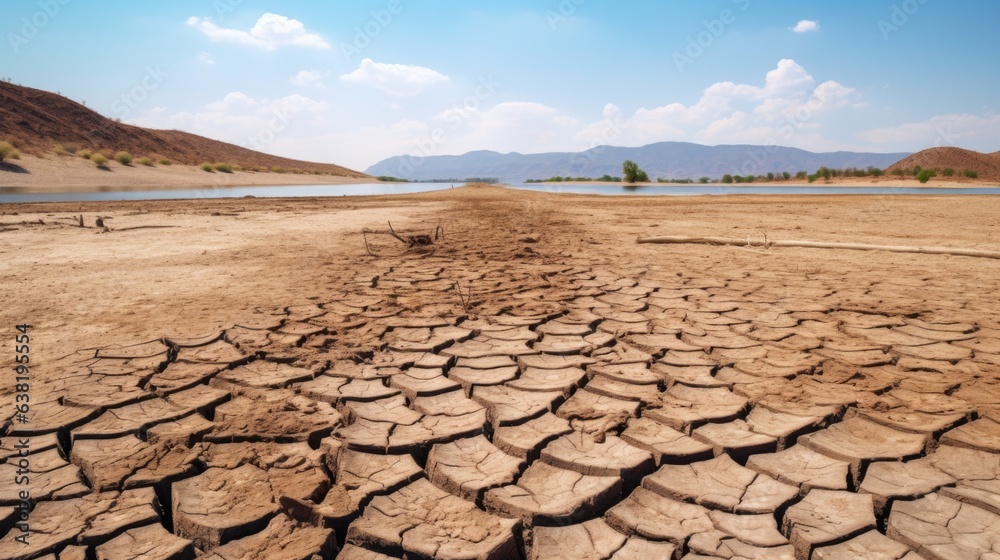 Fototapeta premium lake dried up due to excessive heat, indicative of climate change generative ai