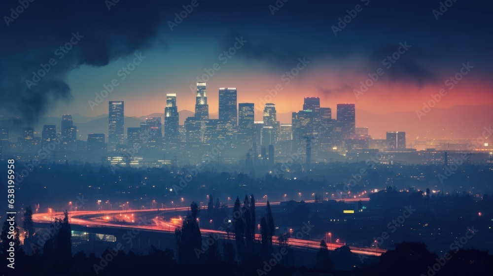 smoggy city lights at night, showcasing the issue of light pollution generative ai
