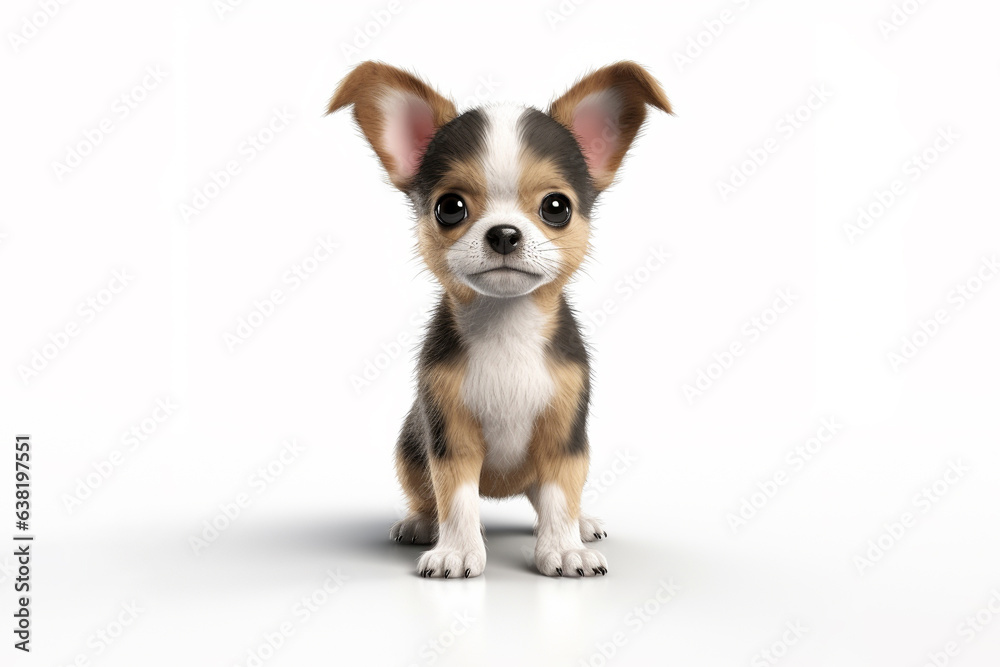 a happy Chihuahua puppy dog in front of a white background. 