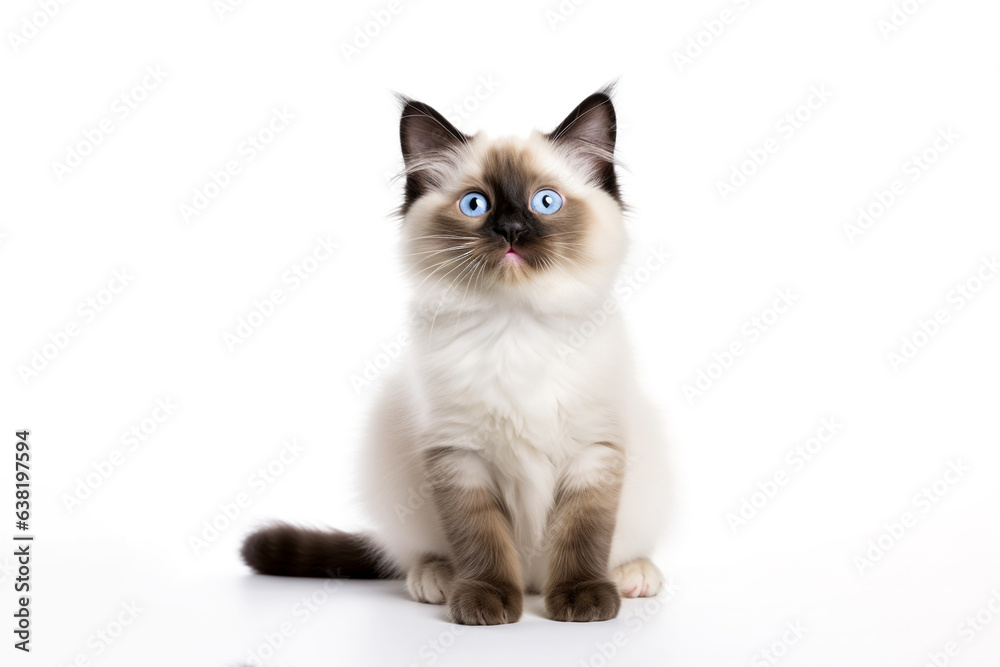 a Ragdoll cat in front of a white background. 