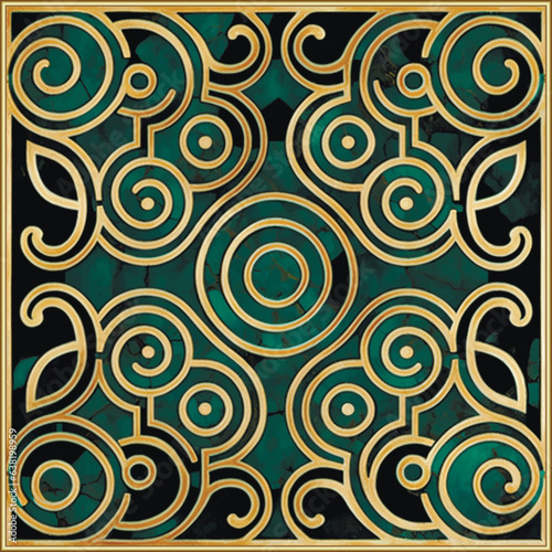 Marble art Deco spiral shapes pattern with gold square frame . Luxury ornamental grunge floral background. Seamless marbled emerald green vector pattern. Modern textured ornament. Spiral, circles