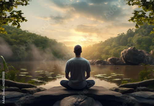 ai generative photo of a man practicing mindfulness and meditation in a peaceful natural environment sony A7s realistic image  ultra hd  high design very detailed 