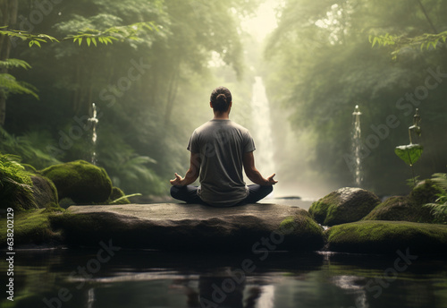 ai generative photo of a man practicing mindfulness and meditation in a peaceful natural environment sony A7s realistic image  ultra hd  high design very detailed 