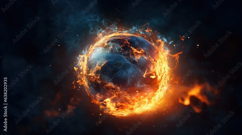 Earth on fire and burning down, Global catastrophe and world destroyed on dark background. Climate protection.