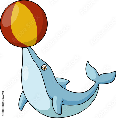 Cute happy blue dolphin cartoon playing beach ball