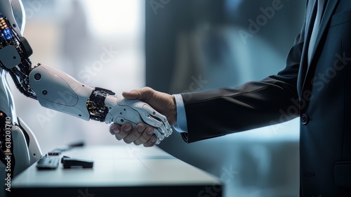 Digital robot handshake human background futuristic digital age robot science digital technology AI © Vitalii But