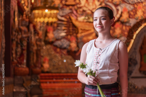 A Thai young girl dressed in traditional costumes visits a Sridonmoon temple in Chiang Mai, Thailand.