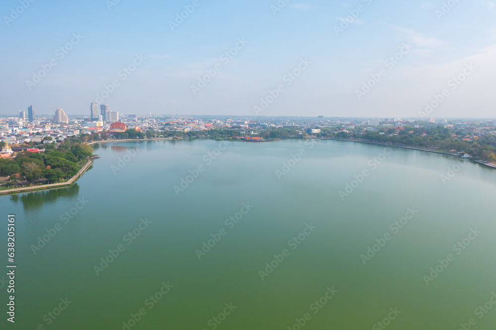 Aerial view of local residential neighborhood roofs. Urban housing development from above. Top view. Real estate in Isan, Khon Kaen urban city town, Thailand. Property real estate.