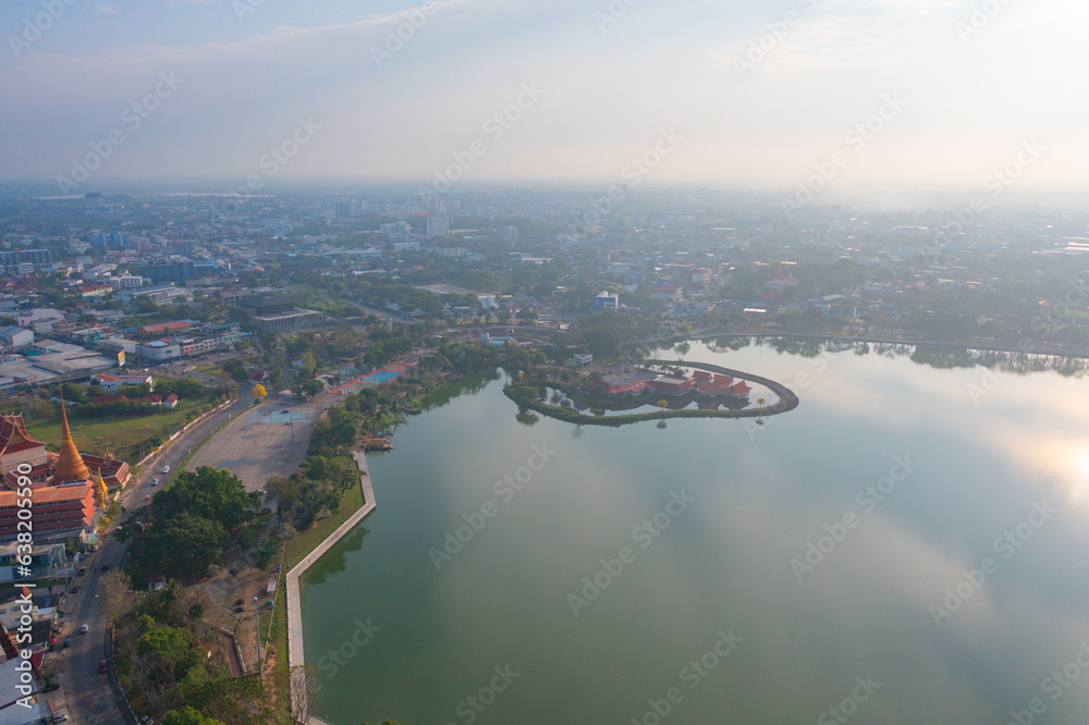 Aerial view of local residential neighborhood roofs. Urban housing development from above. Top view. Real estate in Isan, Khon Kaen urban city town, Thailand. Property real estate.