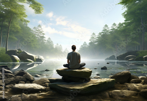 ai generative photo of a man practicing mindfulness and meditation in a peaceful natural environment sony A7s realistic image, ultra hd, high design very detailed 