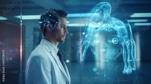 AI-Powered Healthcare: Physician with Advanced Virtual Reality Interface Diagnosing Patient
