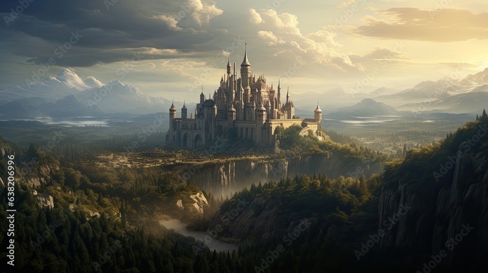 Castle in the distance, fantasy scenery, high fantasy art, landscape, rolling clouds, mountain range