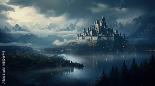 Castle in the distance at dusk, river, trees, distant mountains, fantasy scenery, high fantasy art