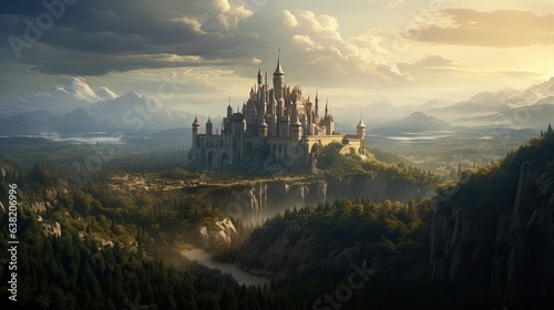 Castle in the distance, fantasy scenery, high fantasy art, landscape, rolling clouds, mountain range