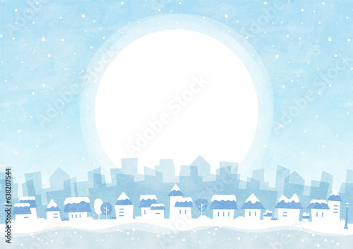 雪が積もった冬の街の背景イラスト 月明かりの中の家やビル群の風景