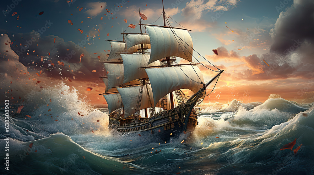 Fantasy ship on the ocean, ocean waves, high fantasy art, epic scenery, digital illustration - obrazy, fototapety, plakaty 
