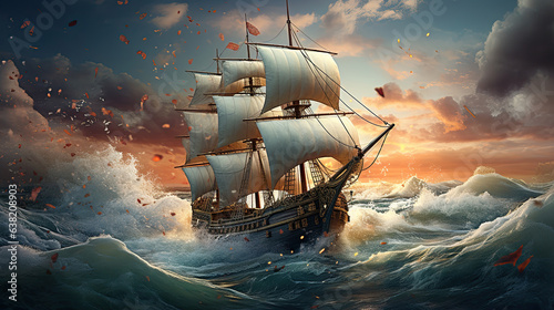 Fantasy ship on the ocean, ocean waves, high fantasy art, epic scenery, digital illustration