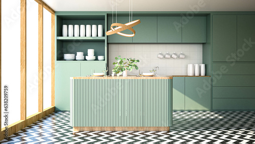 Modern kitchen interior with furniture.3d rendering