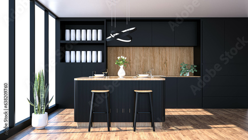 Modern kitchen interior with furniture.3d rendering