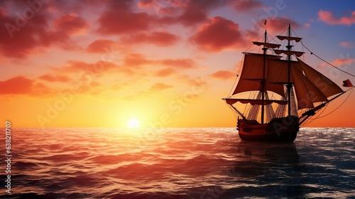 Vintage sailboat on the sea sunset background