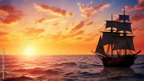 Vintage sailboat on the sea sunset background © Yzid ART