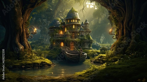 Enchanting fantasy village in the forest, boat on a river, high fantasy art, forest landscape