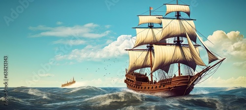 Sailing ship floating on the sea waves