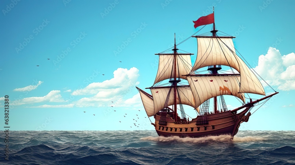 Sailing ship floating on the sea waves Sailing ship floating on the sea waves