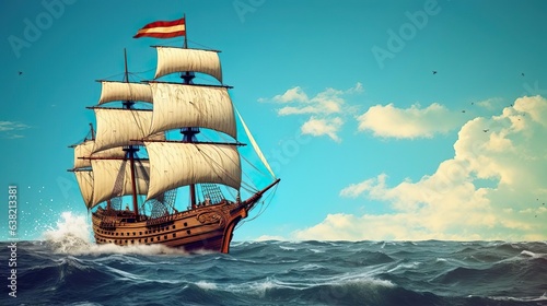 Sailing ship floating on the sea waves