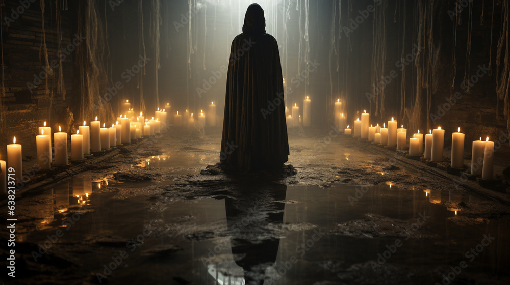 A spectral apparition rising from an old, dusty mirror surrounded by candles A spectral apparition rising from an old, dusty mirror surrounded by candles