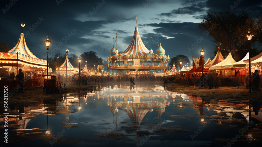 Obraz premium A moonlit carnival midway with empty rides casting eerie reflections 