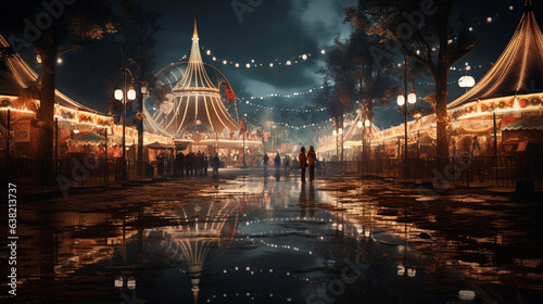 A moonlit carnival midway with empty rides casting eerie reflections   photo