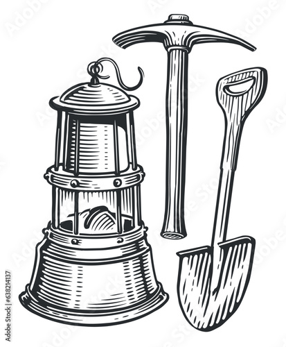 Mining tools, shovel, pickaxe and lantern in vintage engraving style. Sketch vector illustration