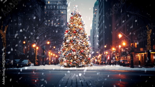 Christmas tree decorated illuminated on snowy evening winter city street in New York